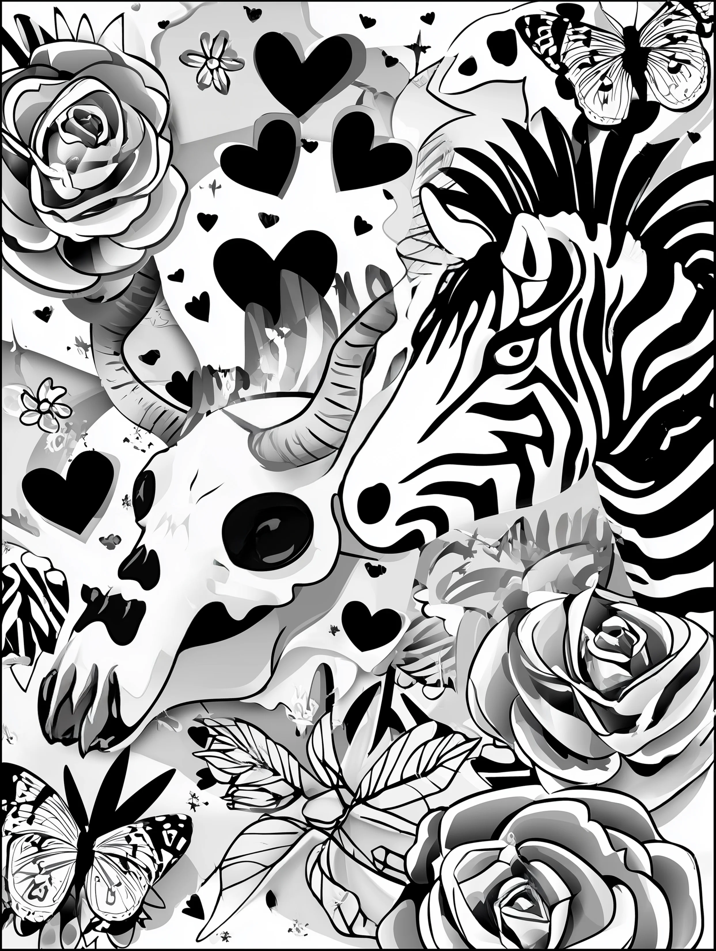 Free printable coloring page for adults featuring a zebra and skull with floral elements